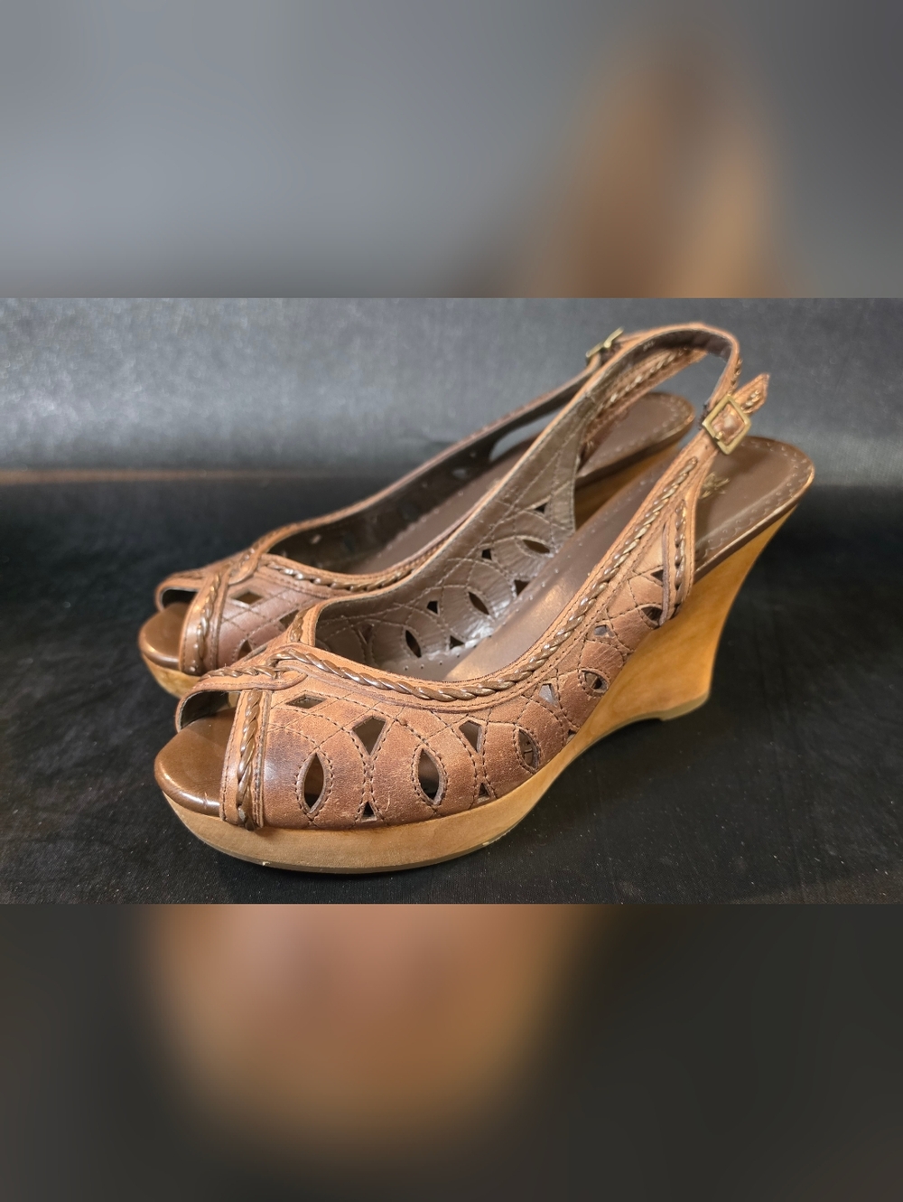 Nadara Women’s Size 8 Brown Wedge Sandals Slingback Cutout Leather Look